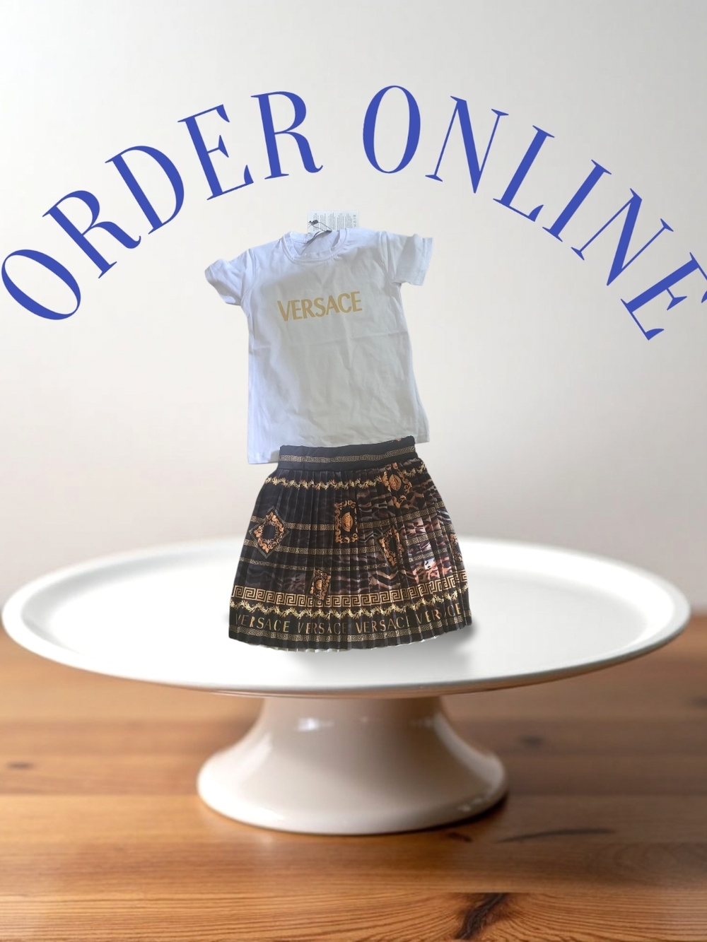 Versace Kids White Tee with Black and Gold Baroque Pleated Skirt